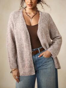 Nubod Plus Size Loose Casual V-Neck Minimalist Commuter Autumn/Winter Sweater Cardigan - Khaki - View 7