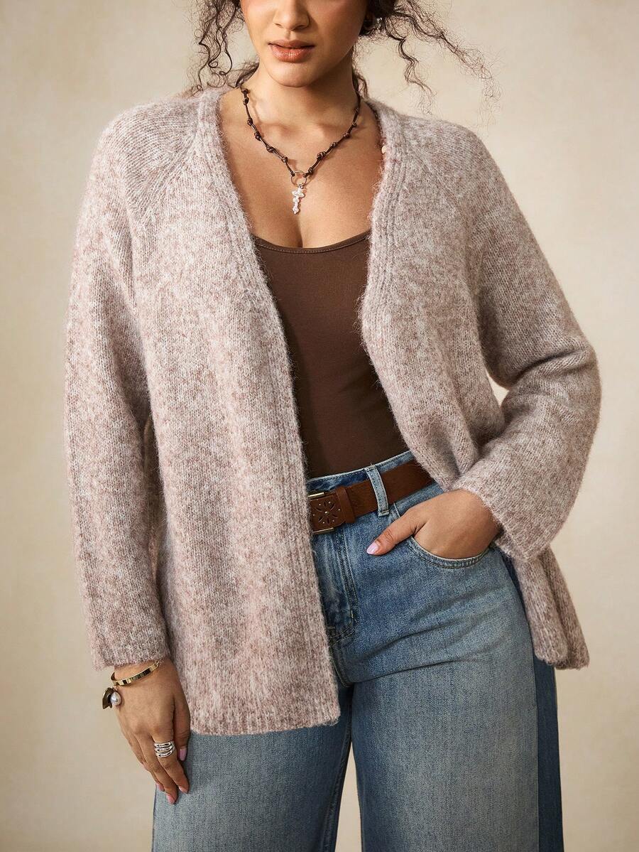 Nubod Plus Size Loose Casual V-Neck Minimalist Commuter Autumn/Winter Sweater Cardigan - Khaki - View 1