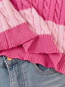 Girls' Striped Colorblock Cable Knit V-Neck Pullover Sweater, Suitable For Autumn/Winter And Outdoor Wear - Pink - View 5