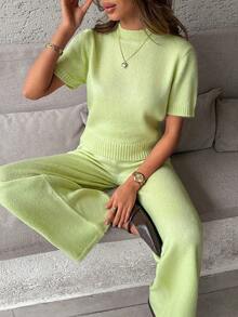 SHEIN Women Comfy Cozy Drawstring Knit Top And Knit Short 2pcs Two Pieces Set - Pale Yellow - View 2