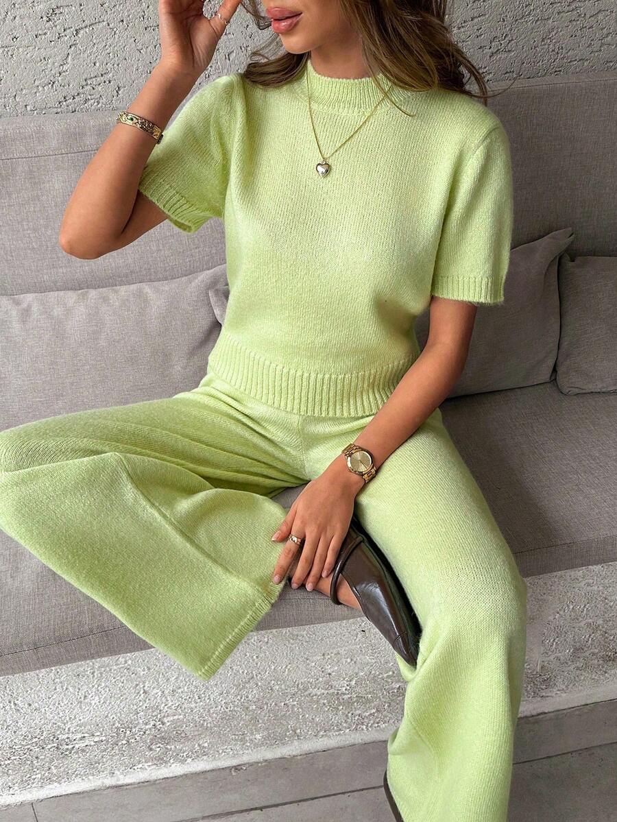SHEIN Women Comfy Cozy Drawstring Knit Top And Knit Short 2pcs Two Pieces Set