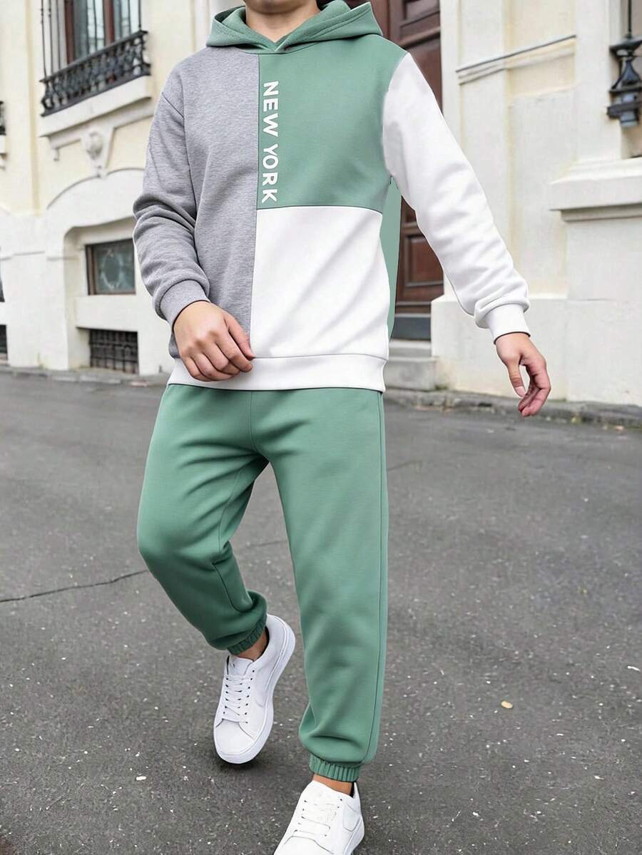 SHEIN 青少年男孩復古撞色寬鬆長袖連帽衫套裝,冬季,街頭風,返校季 - 彩色 - 查看 1