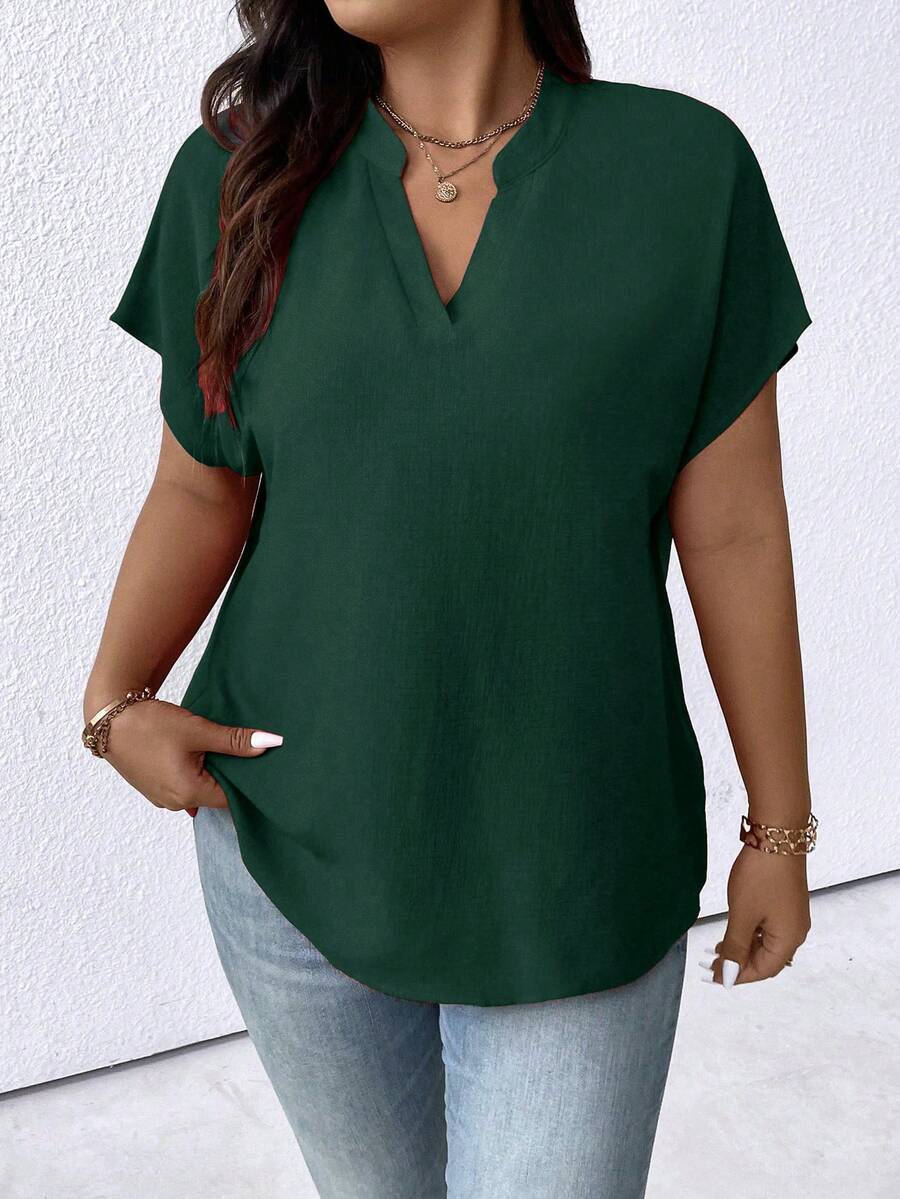 EMERY ROSE Plus Size Plain Color Notch Neck Batwing Sleeve Simple Summer Blouse For New Year - Dark Green - View 1