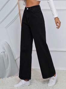 SHEIN Essnce 時尚百搭鈕扣口袋直筒牛仔褲 - 黑色 - 查看 5
