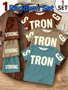 SHEIN 1 Random Set,  Outdoor Preferred Simple Letter Print Pattern Blue T-Shirt With Shorts, Simple Letter Print Pattern Khaki T-Shirt With Shorts - Multicolor - View 2