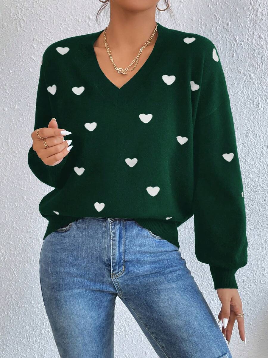 Cloudara Heart Pattern Drop Shoulder Sweater - Green - View 1