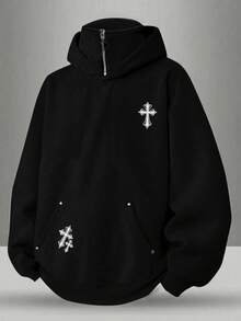 SHEIN 青少年男孩灰色花卉雙層領廓形運動衫，休閒學院風，舒適時尚，極簡百搭，柔軟面料，適合日常穿著、學校、旅行、戶外運動，四季皆宜 - 彩色 - 查看 1