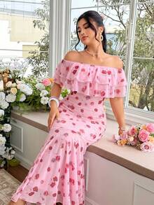 Rometta Plus Size Off-Shoulder Ruffle Elegant Commuter Lace Bodycon Maxi Dress - Pink - View 16