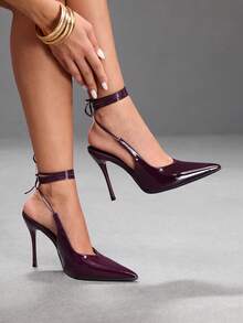 CUCCOO SZL Temperament Burgundy Patent Leather Lace-Up Empty High Heels, Banquet Commuter - Burgundy - View 3