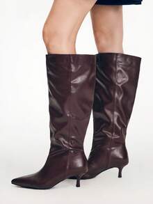 Mnmlis Sepatu bot berujung lancip, hak rendah, model kaki yang dimodifikasi, sepatu bot fashion untuk bepergian, sepatu bot tinggi yang ringan dan elegan. Hak kitten. - coklat kemerahan - View 1