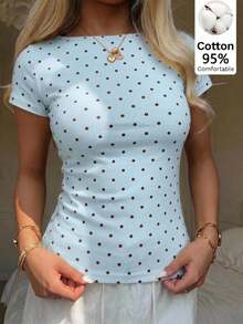 CovetEZ Casual French Minimalist Sexy Light Blue Polka Dot Short Sleeve T-Shirt, Suitable For Spring And Summer, Brunch - Baby Blue - View 1