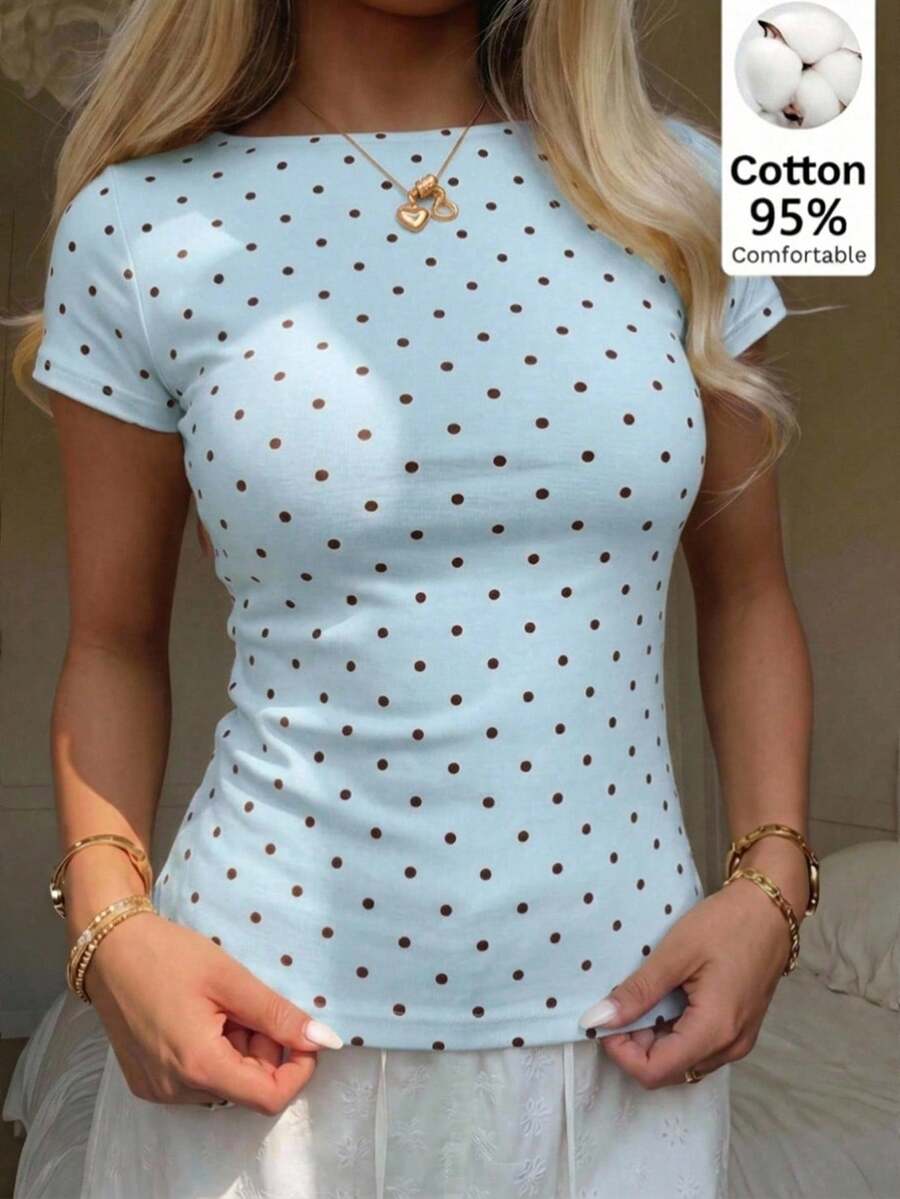 CovetEZ Casual French Minimalist Sexy Light Blue Polka Dot Short Sleeve T-Shirt, Suitable For Spring And Summer, Brunch - Baby Blue - View 1