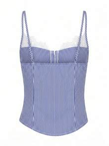 SHEIN Raffinéa Y2K復古夏季女款藍白條紋對比蕾絲鈕扣細肩帶背心，優雅度假短版上衣，適合派對、夜店及日常穿著 - 藍色 - 查看 9