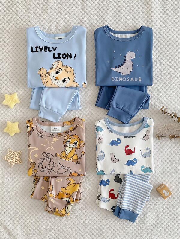 SHEIN Conjunto de 4 piezas para bebé niño, estampado de león de dibujos animados lindo, ropa de casa casual y cómoda, top de manga larga y pantalones, ropa de estar en casa ajustada