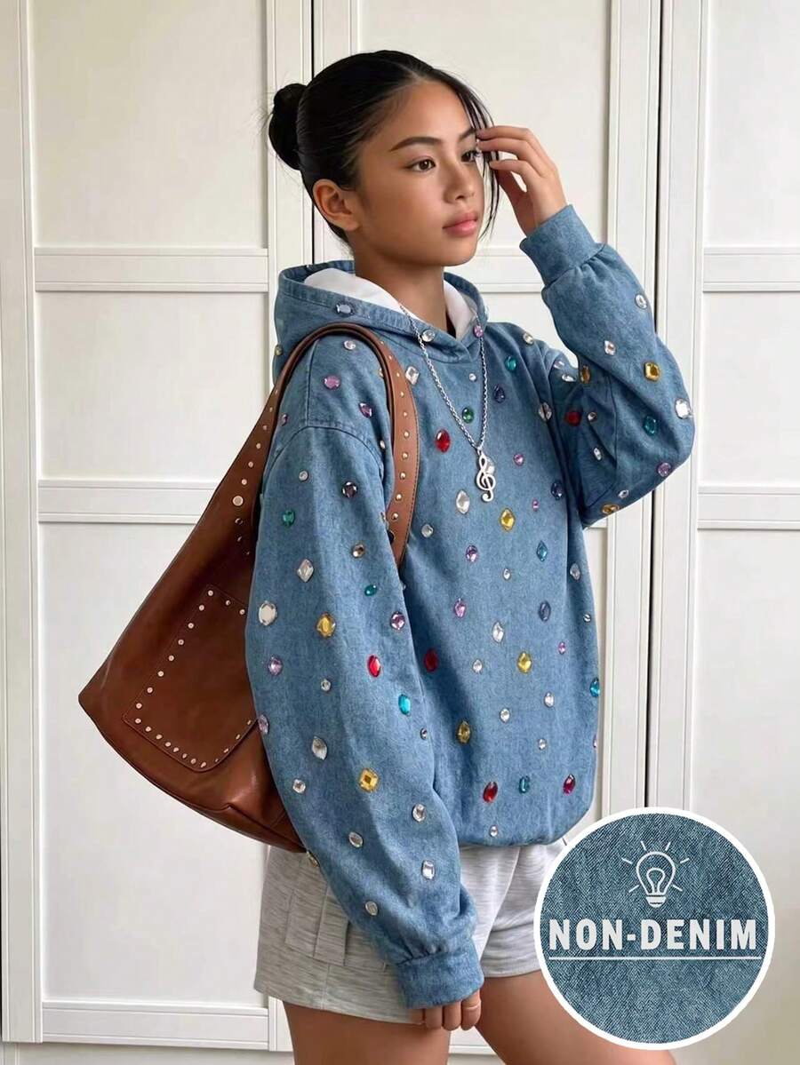 Tween Girl Rhinestone Denim Print Long Sleeve Casual Sweatshirt - Multicolor - View 1