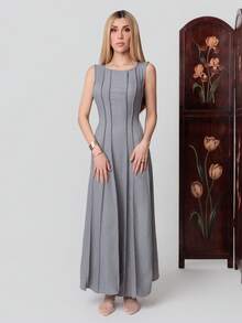 PRISCILA ESCOTO PRISCILA ESCOTO Women's Casual Grey Plain Woven Sleeveless Round Neck Maxi Dress With Flared Hem And Plicated Details Long Tank Dress - Grey - View 3