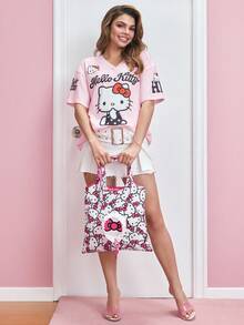 HELLO KITTY AND FRIENDS | SHEIN 可愛貓咪印花可折疊購物袋，附抽繩收納袋，大容量輕量可重複使用，適用於買菜與日常使用 - 白粉 - 查看 4
