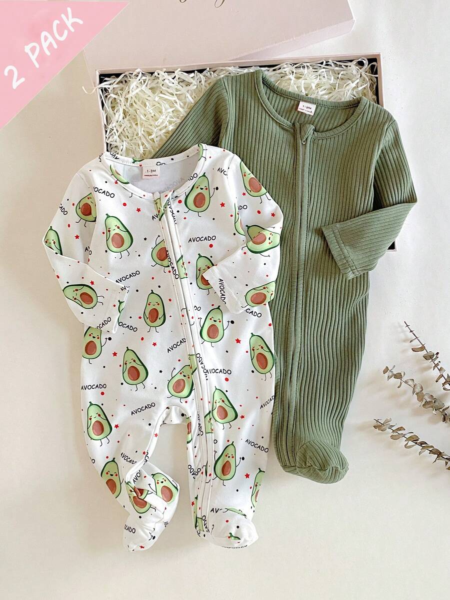 SHEIN Vintaside Kids 2件套长袖牛油果绿针织柔软舒适连体衣,新生儿最佳礼物 - 彩色 - 查看 1