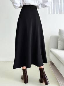 DAZY Solid Long Flare Skirt,Ruffle Fall - Black - View 5
