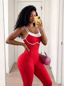 SHEIN Core Rhythm Women's Seamless Ribbed Spaghetti Strap Camisole Jumpsuit, Tight Fit, Butt-Lifting Yoga Fitness Running One-Piece - Red - View 4