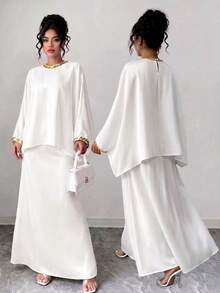 SHEIN LUNE CURVE Plus Size Women's Elegant Celestial Blouse And Skirt 2 Pieces Set Sparkly Top Theme Party Birthday Luxury Evening Autumn Wedding White - White - View 1