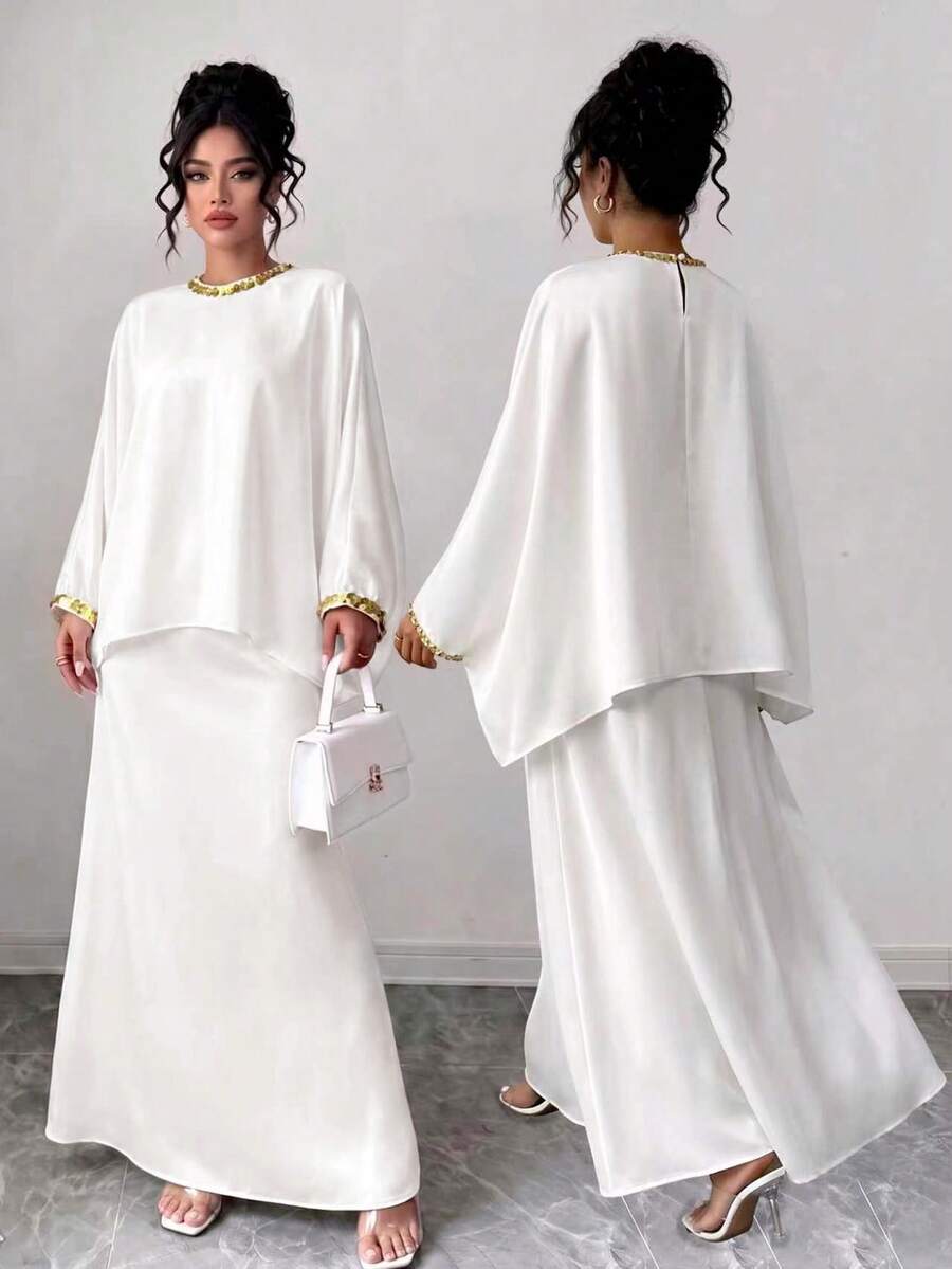 SHEIN LUNE CURVE Plus Size Women's Elegant Celestial Blouse And Skirt 2 Pieces Set Sparkly Top Theme Party Birthday Luxury Evening Autumn Wedding White - White - View 1