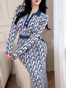 Feyla Women's Geometric Pattern Collar Button Design Sweater - Navy Blue - View 5