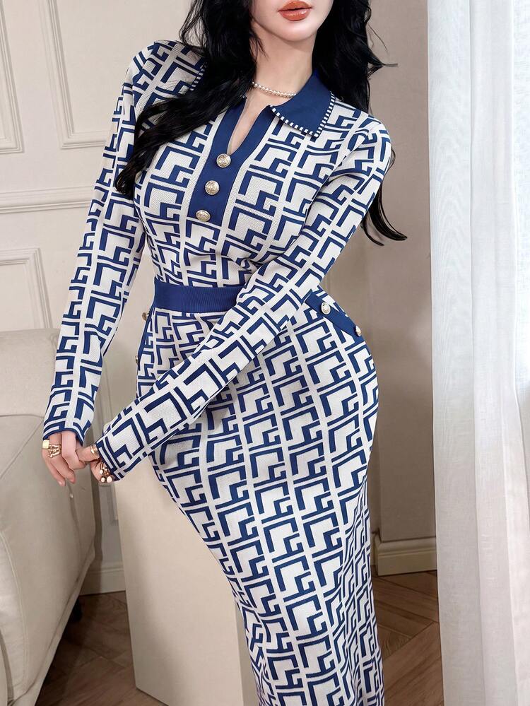 Feyla Women's Geometric Pattern Collar Button Design Sweater - Navy Blue - View 5