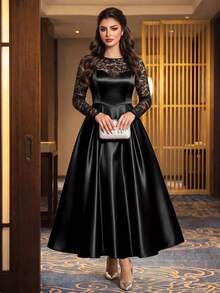 Auveirra Gaun Pesta Formal Koktail Hitam untuk Wanita Ukuran Besar dengan Hiasan Renda dan Patchwork, Elegan, Tradisional, dan Mengencangkan Pinggang, Warna Hitam untuk Musim Gugur/Musim Dingin - Hitam - View 9