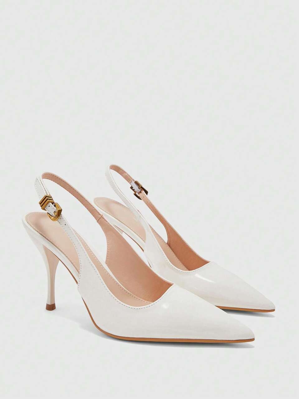 CUCCOO BIZCHIC Women's Beige Patent Leather Slingback Heels, Pointed Toe Adjustable Gold Buckle Stiletto Pumps Fall Shoes