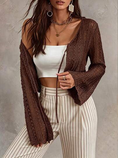 Linhara CURVE Plus Size Women's Solid Color Knit Cardigan With Wavy Hem And Flared Sleeves, Suitable For Daily Wear, Office, Home, Romantic Vacation