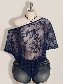 SHEIN ICON 女款大尺碼性感透視蕾絲罩衫 - 藏蓝色 - 查看 1