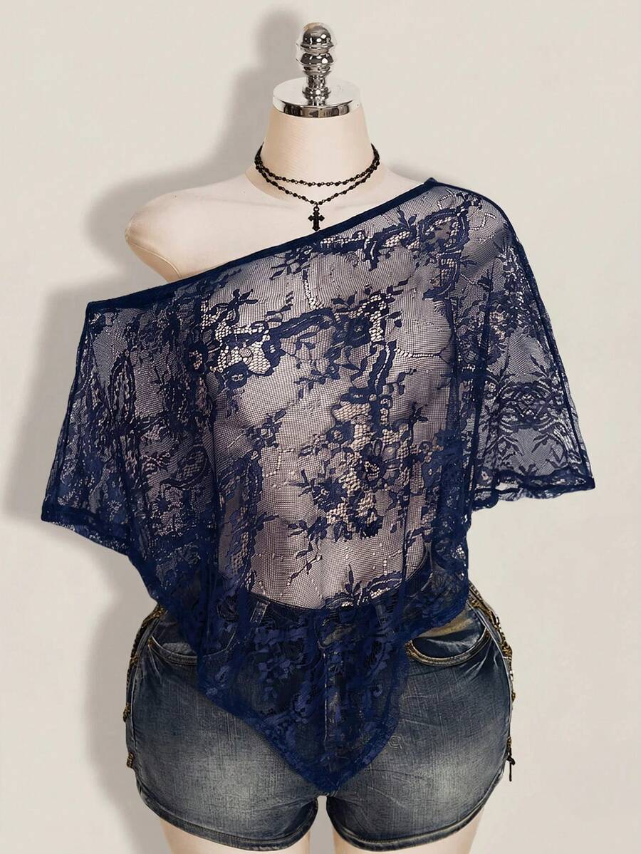 SHEIN ICON 女款大尺碼性感透視蕾絲罩衫 - 藏蓝色 - 查看 1