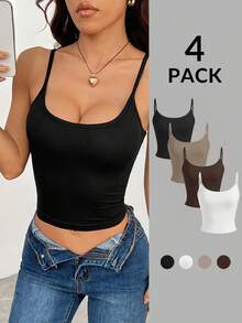 SHEIN PETITE 4件組女款休閒純色百搭細肩帶背心上衣套裝 - 彩色 - 查看 3
