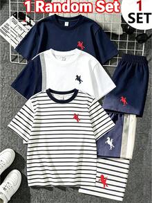 3套組，隨機發貨1套青少年男孩夏季休閒套裝 短袖T恤+短褲 2件套 馬刺繡設計 3款隨機發貨 舒適棉質大童運動夏裝 - 彩色 - 查看 3