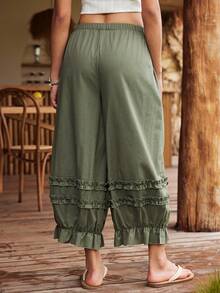 Lullawish Women's Bohemian Style 100% Cotton Ruffle Hem Romantic Loungewear Lantern Pants - Army Green - View 2
