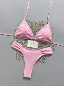Swim Mod 女款 2 件組粉色紋理布料三角綁帶上衣與抓皺比基尼泳褲泳裝套裝，夏季海灘女孩泳衣 - 粉色 - 查看 3
