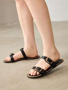 MOTF EUROPEAN STATION NEW FASHION BUCKLE FLAT BOTTOM ROUND TOE CASUAL VERSATILE COMFORTABLE LADIES SLIPPERS - Black - View 6