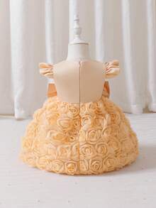 Glamorique Kids 香檳色緞面網紗3D花朵刺繡無袖洋裝，附可拆式蝴蝶結，適合嬰兒週歲生日派對、婚禮花童夏季穿著 - 香檳色 - 查看 7