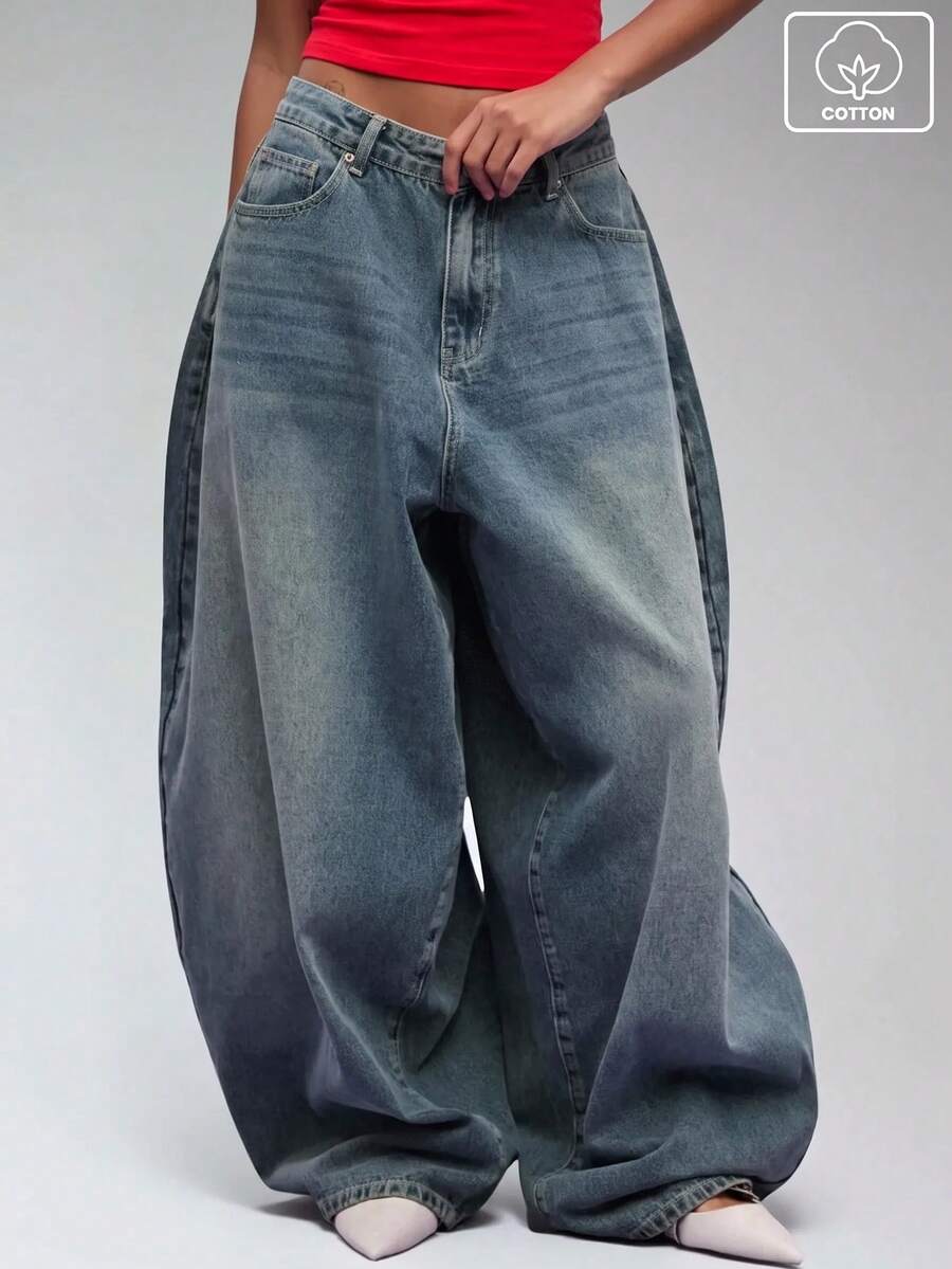 COUREZ Low Rise Baggy Balloon Fit Jeans In Washed Blue Wash Street Casual /  Y2K Autumn Clubbing Outfits For Women Pants For Women Rave Cotton Denim Fall - Navy Blue - View 1