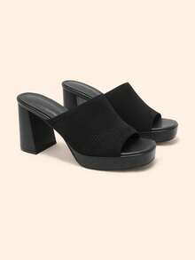 CUCCOO BASICS Ladies Open Toe Sexy Mules Black Knitted Platform Block Heel High Heel Commuter Women's High Heel Sandals - Black - View 6