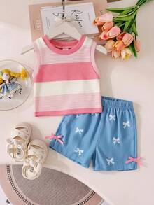 SHEIN Playful Pals 女嬰夏季藍色套裝 紋理無袖上衣搭配藍色格紋短褲，飾有藍色蝴蝶結，日常外出必備 - 藕粉色 - 查看 5