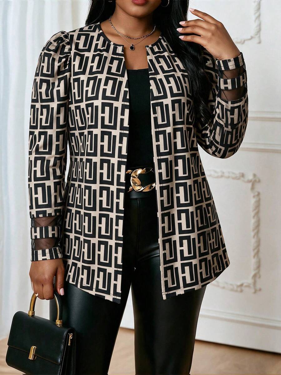SHEIN Lady Plus Size Women's Geometric Print Long Sleeve Open Front Jacket Fall - Multicolor - View 1