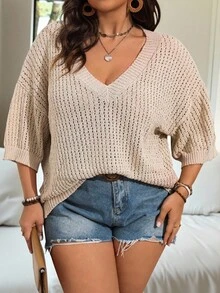 Vionelle Solid Color Loose Hollow Out Plus Size Sweater Pullover, For Winter Knit Pullover Fall Autumn - Khaki - View 7