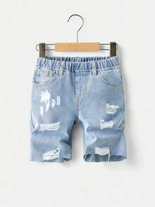SHEIN Celana Pendek Denim Bermuda Longgar Warna Biru Muda Sobek Kasual untuk Anak Laki-Laki, Cocok untuk Pemakaian Sehari-hari di Musim Semi dan Musim Panas - Dusty Purple - View 5