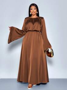 SOLERSUN Plus Size Women's Fashion Solid Color Satin Shiny Fabric Round Neck Elastic Waist Slimming Elegant Exquisite Loose High-End Temperament Light Luxury Long A-Line Big Flared Long Sleeve Dress, Maxi Dress, Daily Commuting All-Match Women's Clothing, New Style, Music Festival, Party, Birthday Party, Solid Color Dress, Christmas, New Year, Fall, Winter,Modest - Brown - View 8