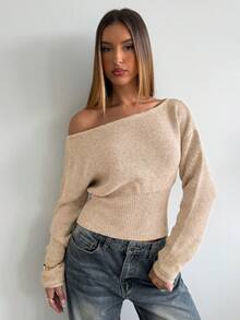Aloruh Women's Solid Color Asymmetrical Shoulder Casual Daily Long Sleeve Sweater - Apricot - View 1