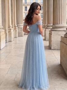 Poshira Women's Off-Shoulder Cinched Waist Elegant Ball Gown Dress (Intricate Design) - Blue - View 2