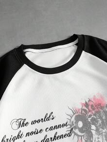ROMWE MEN Men's Waffle Fabric Printed Pattern Loose Raglan Sleeve T-Shirt - Black and White - View 4