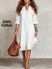 Breezaya Women's Button-Front V-Neck Utility Pocket Casual Denim Dress - White - View 6